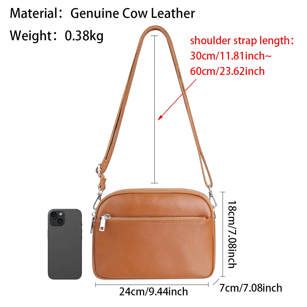 Royal Bagger Casual Shoulder Crossbody Bags, Genuine Leather Satchel Purse, Three Zipper Small Square Bag for Women 1807