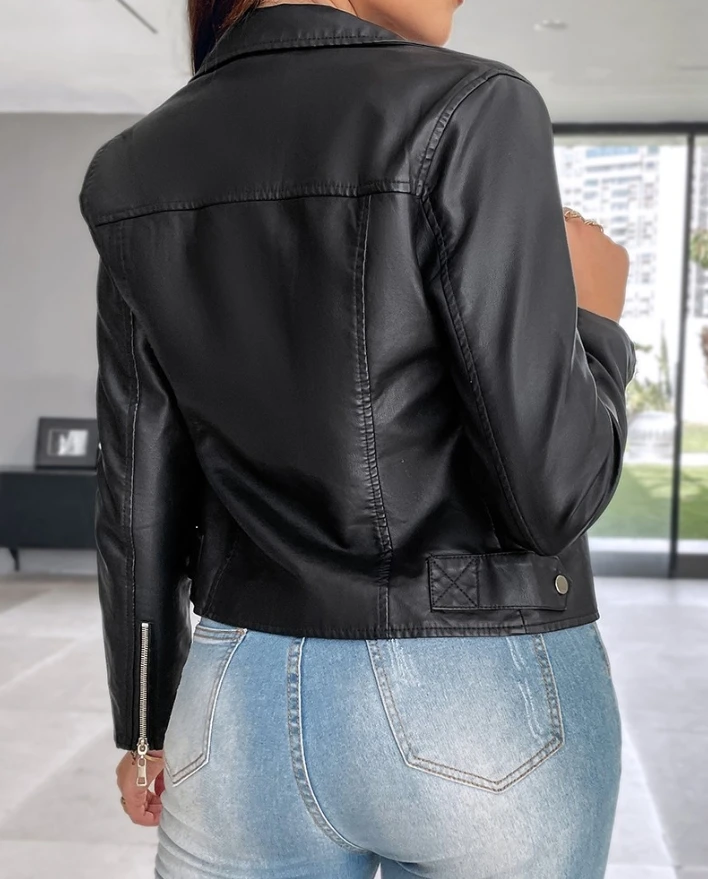 Veste de motard en cuir PU pour femme, col cranté, manches longues, coupe couvertes, conception de fermeture éclair, document solide, mode cool, décontracté, 03