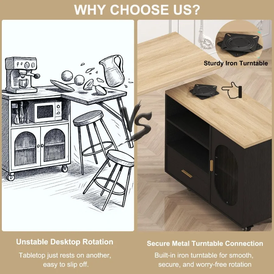 72 جزيرة المطبخ المتداول مع الجلوس 360 طاولة دوارة جزيرة المطبخ مع خزانة تخزين أرفف أدراج مزرعة متنقلة Isl