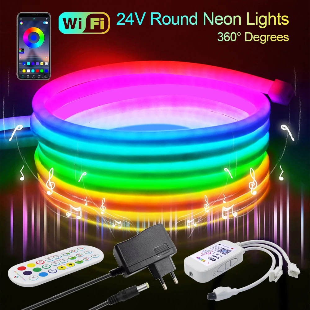 360 Round Neon Light 24V WS2811 IC RGB LED Strip Neon Sign WiFi Bluetooth APP Remote Control Waterproof Ribbon Tape Home Decor