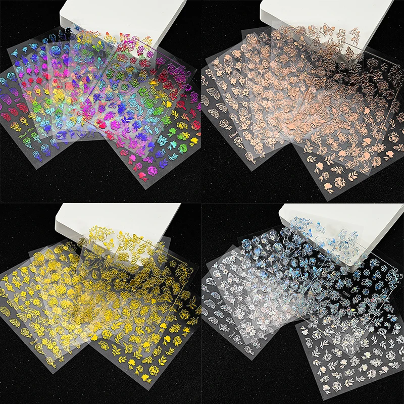 

Gold Silver Bronzing Flowers Nail Art Stickers Set Holographic Butterfly Leaves Slider 3D Manicure Self Adhesive Luminous Decals