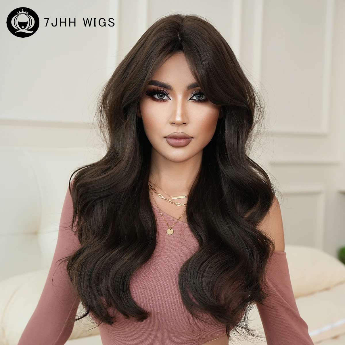 Loose Body Wave Black Tea Wig for Women Daily High Density Synthetic Layered Middle Part Wavy Dark Brown Wigs with Curtain Bangs