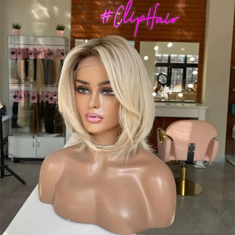 

Straight Bob Custom Made Fashion Lace Wigs Ash Blonde Colored Synthetic Mix Human Hair Wigs Cosplay Futura Fiber For Women Wear