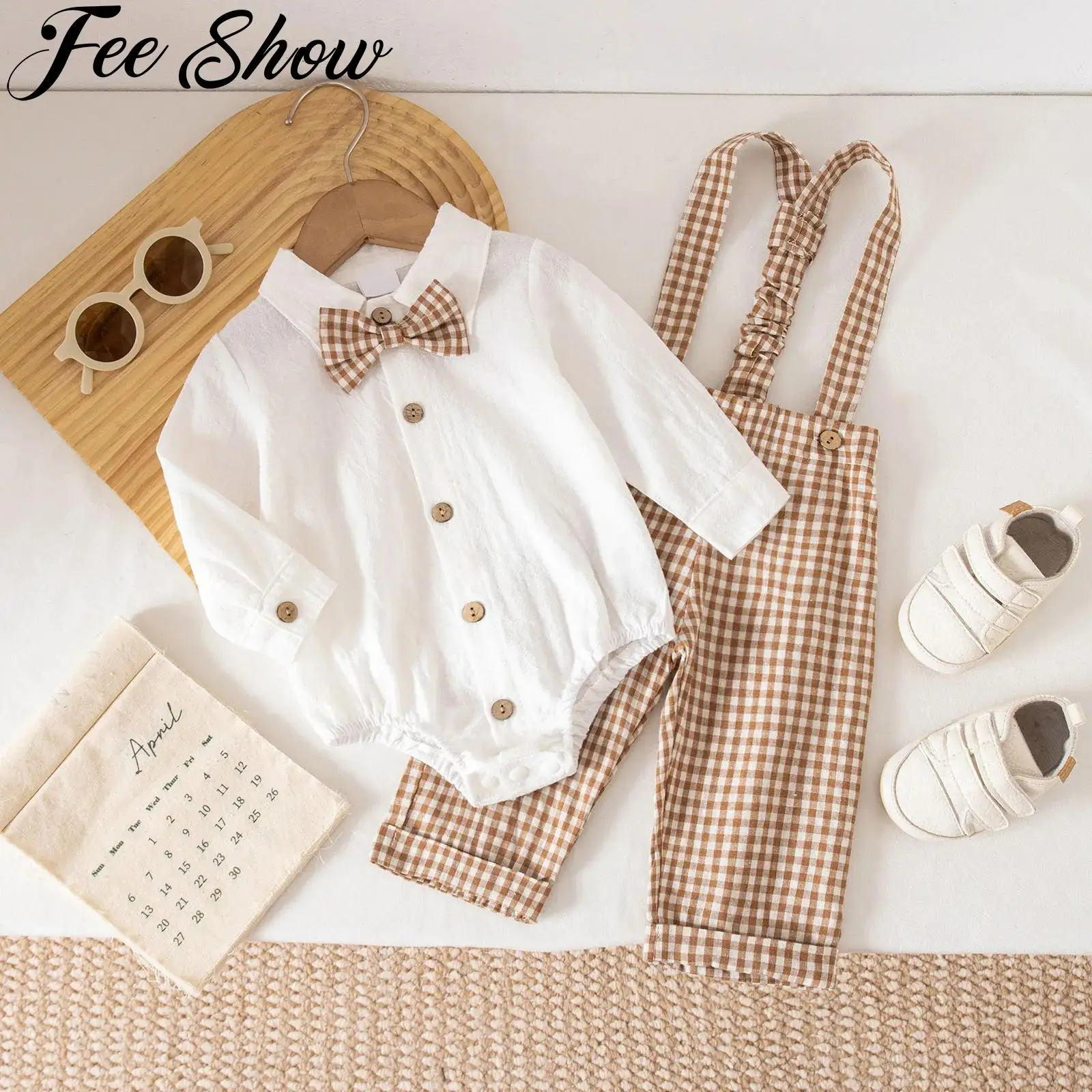 

Infant Baby Boys Formal Gentleman Outfits Long Sleeve Bowtie Rompers with Plaid Suspender Pants for Wedding Birthday Party