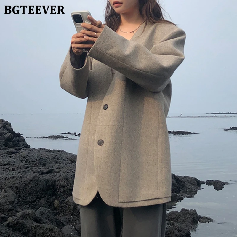 BGTEEVER Elegant V-neck Warm Ladies Woolen Blazer Autumn Winter Loose Full Sleeve Thicken Suit Jackets for Women