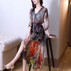 2024 Boho Floral Natural Silk Maxi Dresses Summer Vintage Casual Print Beach Midi Sundress Women Elegant Bodycon Party Vestidos