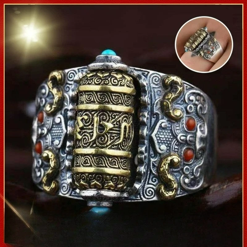 Vintage Spinner Six-Word Mantra Ring, Retro Buddhist Adjustable Open Band for Men Women