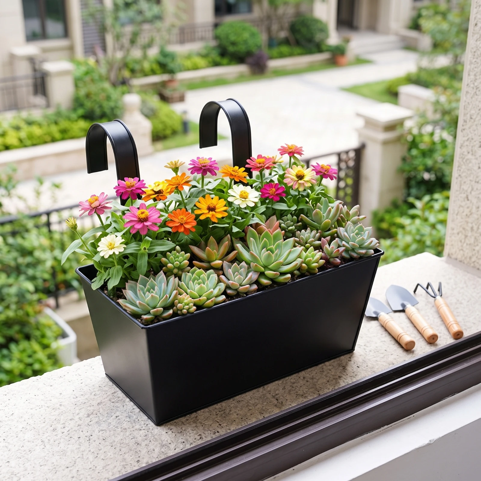 2 Pieces Hanging Flower Box Outdoor Hanging Planter Balcony Planter Matte Black Rectangular for Apartment Dwellers, Railing view 4