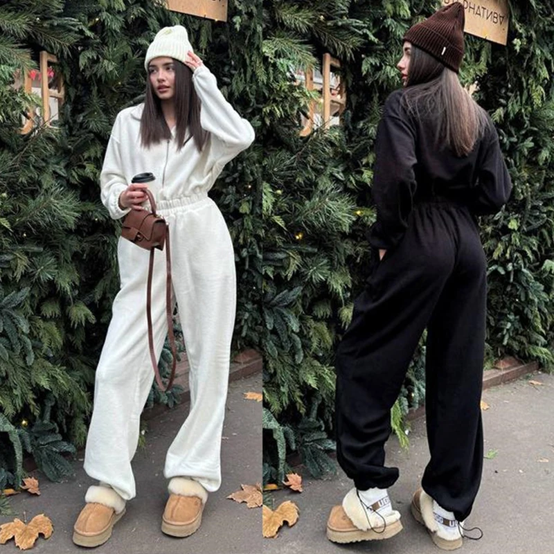 

Women Fashion Long-sleeved Jumpsuit Solid Color Casual Semi-open Elastic Waist Jumpsuit Female Spring Autumn Clothing Bodysuit