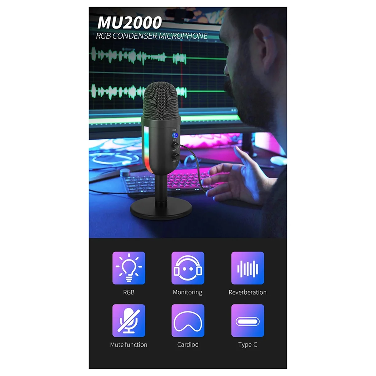 

X61A_RGB Игровой микрофон для ПК Конденсаторный микрофон для записи компьютера