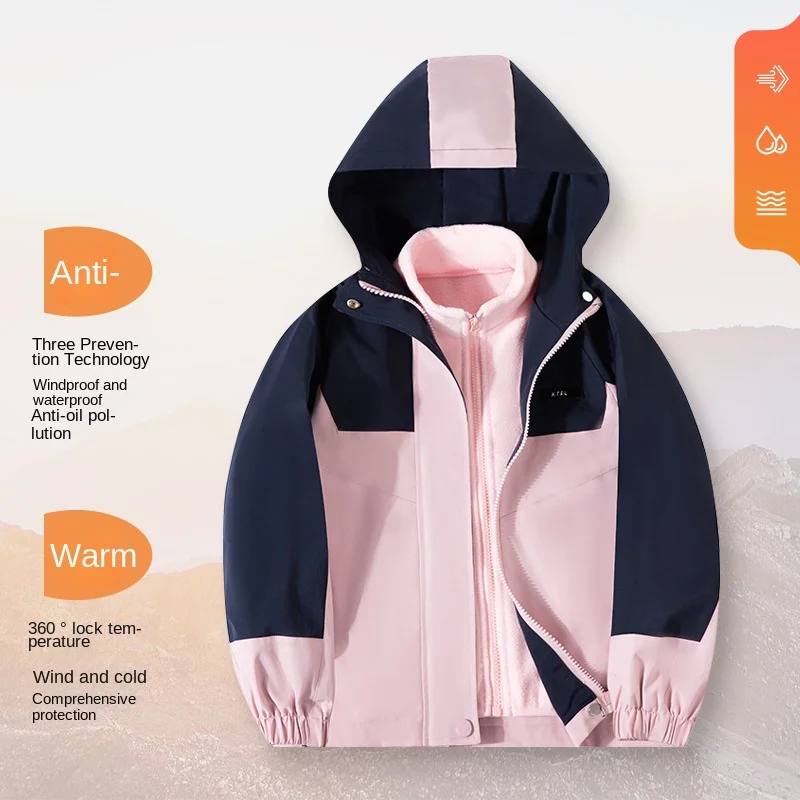 Autumn Winter Children's Warm Outdoor Jacket Casual Fashion Three-in-one Patchwork Windproof Waterproof Jacket Multi-Layer Coats