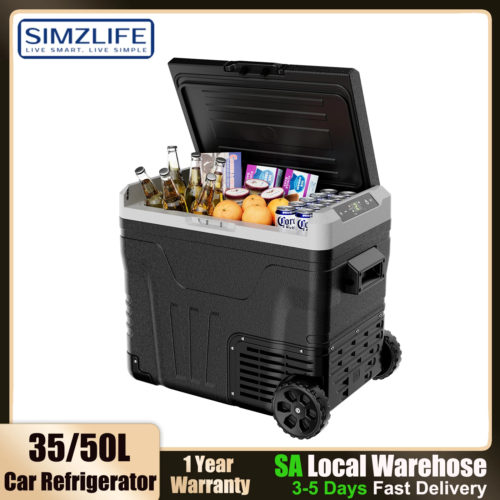 SIMZLIFE 50L Car Refrigerator, Electric Cooler, Portable Freezer 12V/24V DC,110-240V AC,-4℉~68℉ with Off-road Wheel and Basket