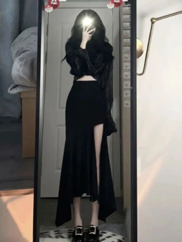 Y2k High Waist Slim Wrap Hip Black Big Split Fishtail Skirt Women Elegant Fashion Irregular Mid-length Dress Korean Style 2022