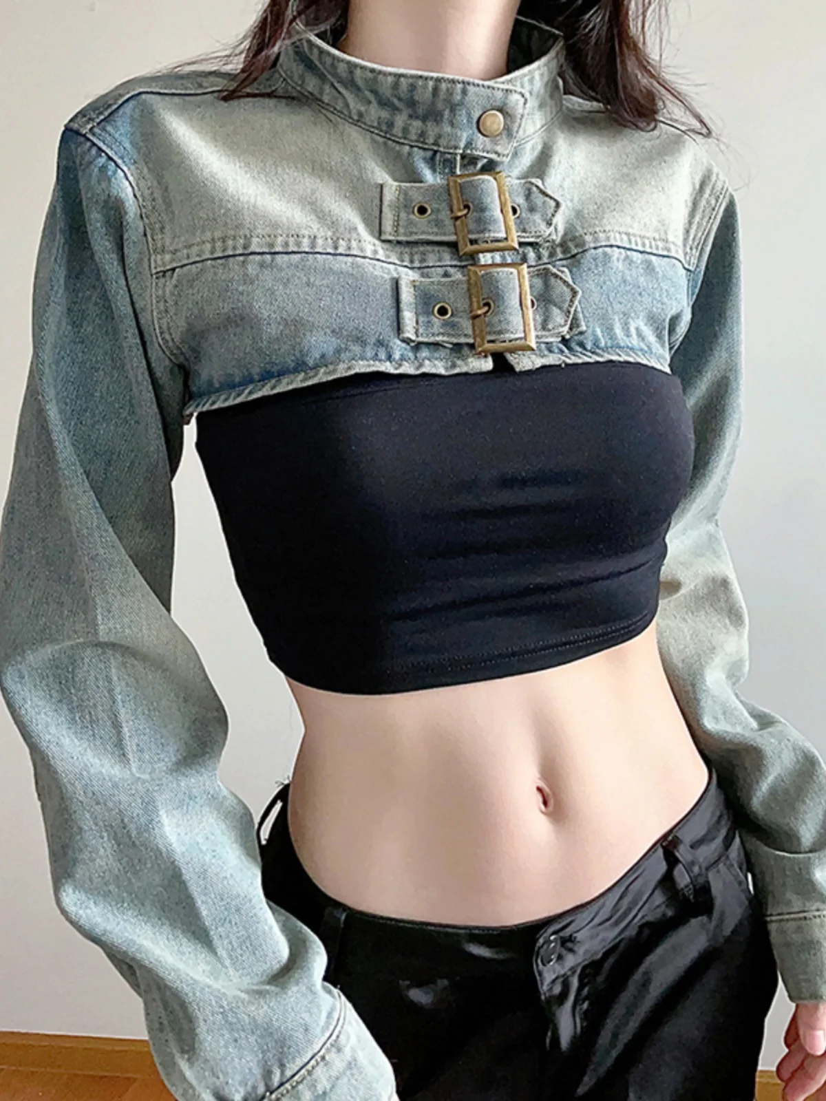 

Denim Coats Woman Long Womens Fall Cropped Patchwork Oversized Double-Breasted Pleated College Minimalist Young Utility Jackets
