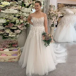 Vestido de novia largo de tul con cuello cuadrado para mujer, traje elegante de fiesta de boda, marfil, apliques, tren de barrido, 2022