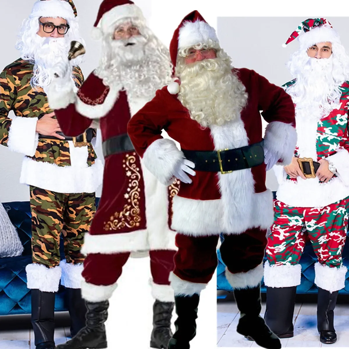 Veludo Papai Noel fantasia cosplay para homem, vestido extravagante, conjunto completo com barba, luxo, Natal, ano novo, festa, boneco de neve