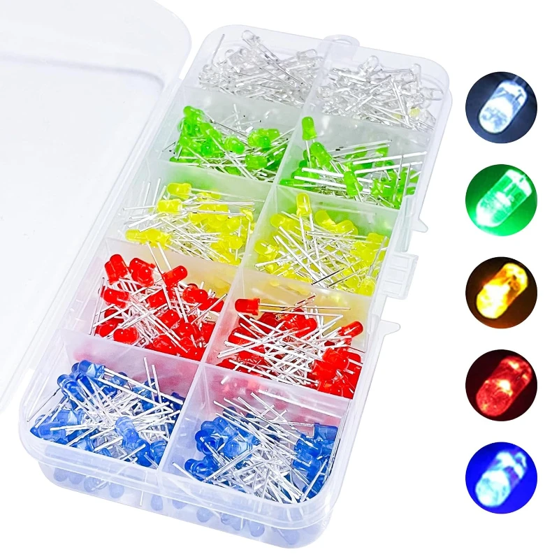 500pcs LED Round Light Emitting Diodes 5Values 3mm Multicolor Circuit Assorted kit (Red/Green/Yellow/White/Blue Each 100PCS)