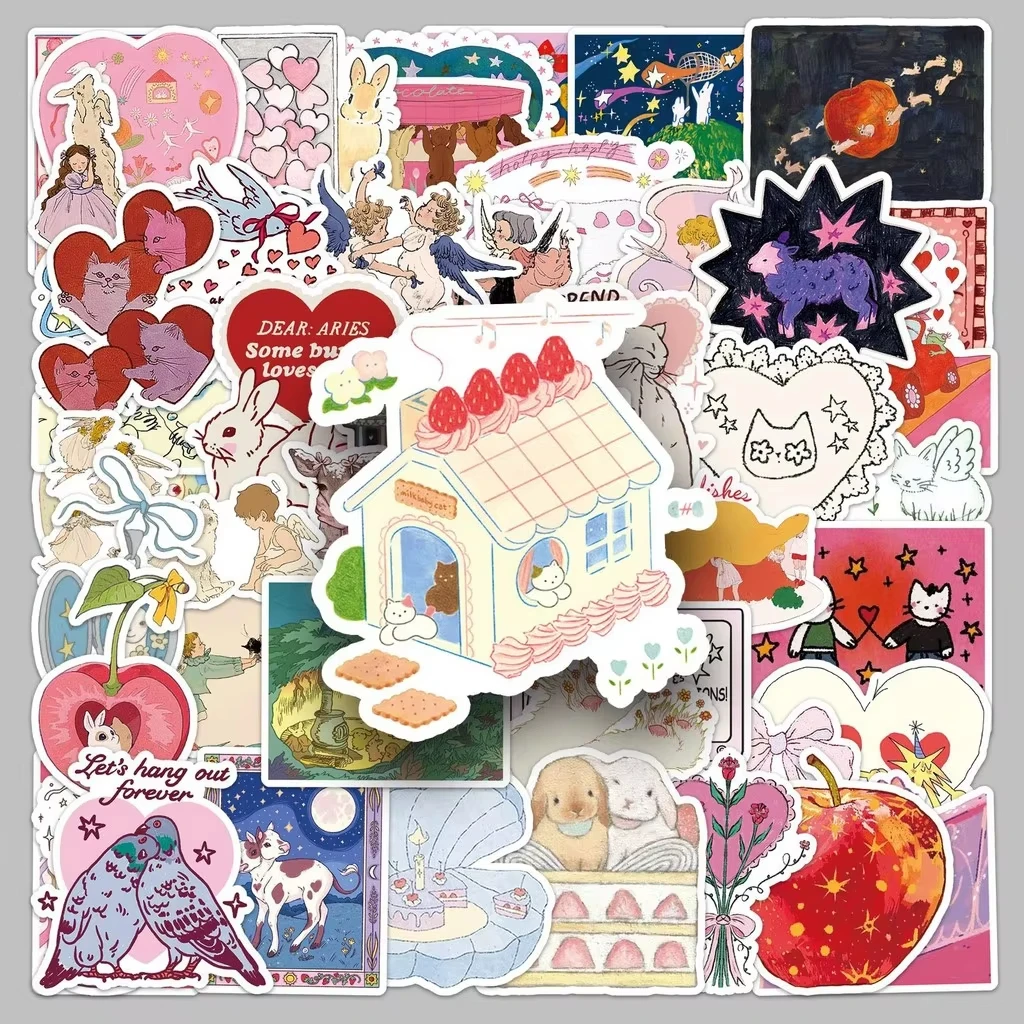 50pcs Vintage Fairy Tale Aesthetic Stickers Waterproof Cute Apple Heart Animal Decals for Laptop Water Bottle Scrapbook Luggage