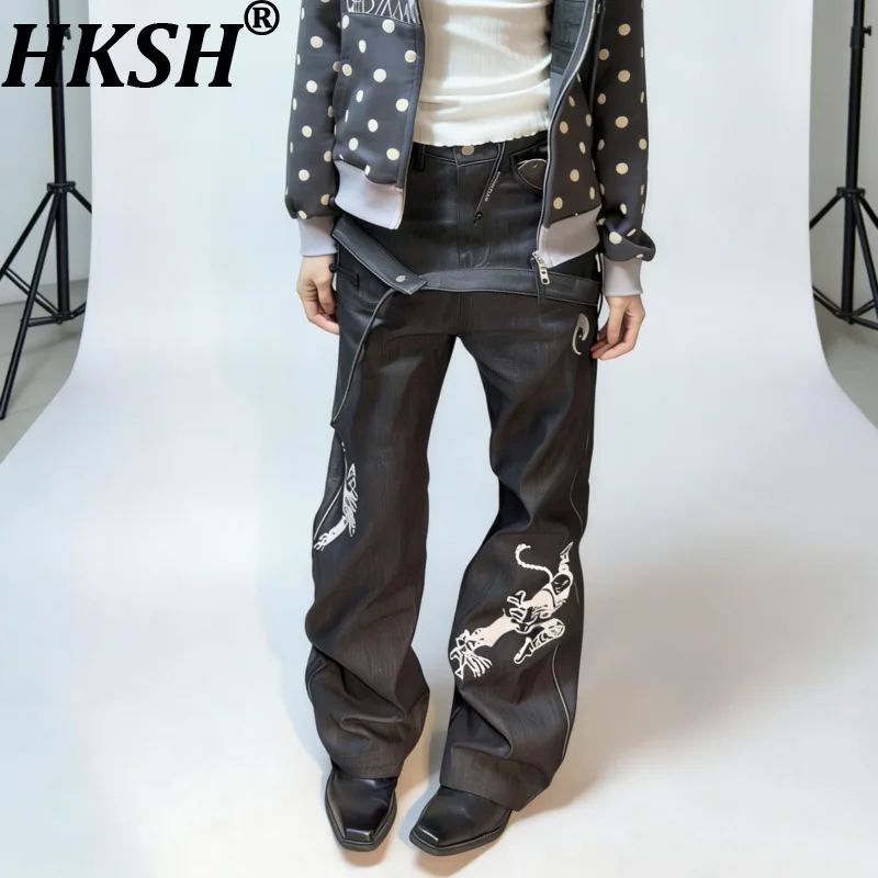 HKSH Spring Autumn New Men Tide Chic Ins Punk Jeans Multi-stitch Embroidery Button Raw Denim Pants Fashion Vibe Vintage HK27199
