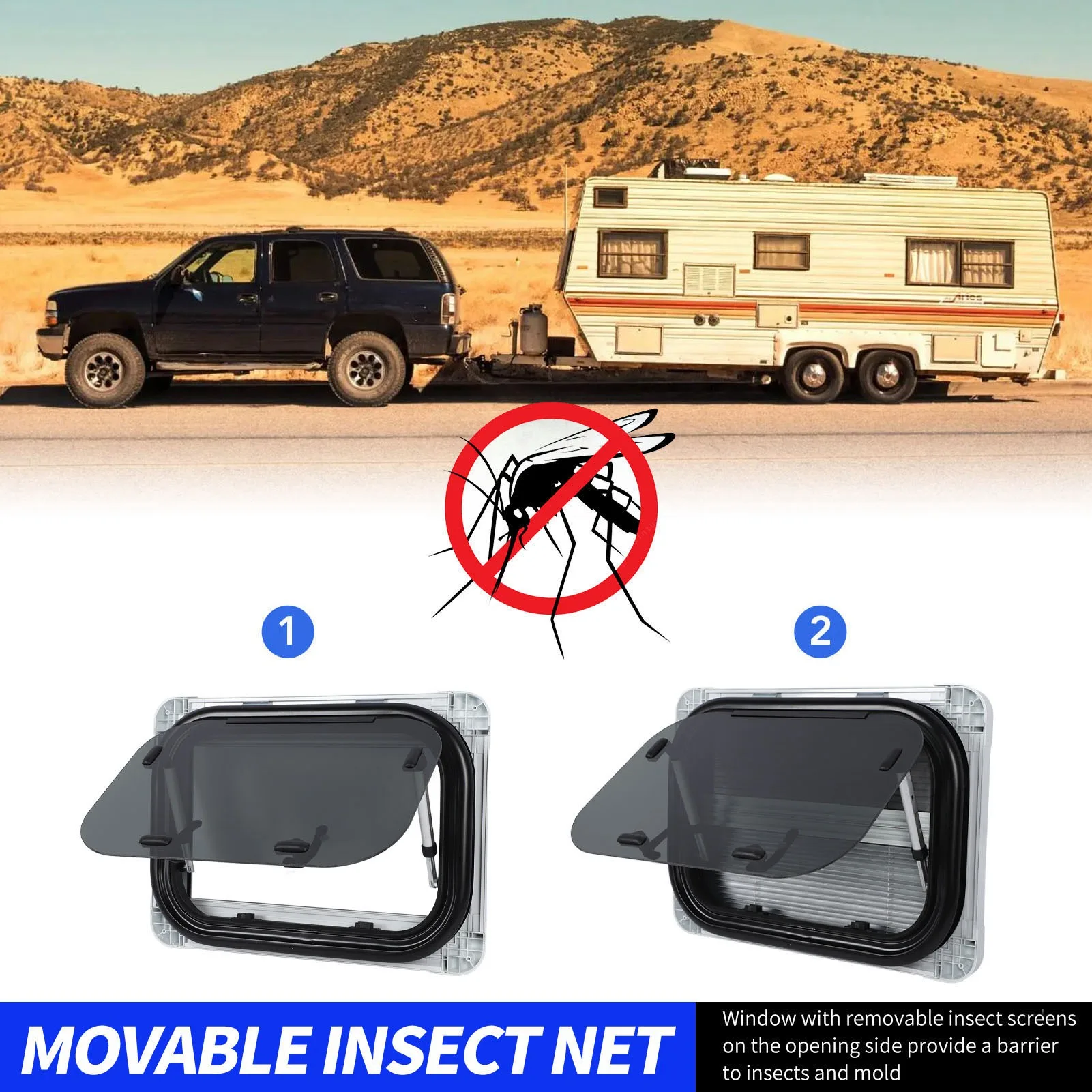 500x350mm/20x14in RV Window Rounded Corner Push Out Window Aluminum Alloy Frame Tempered Glass for Campers Construction Vehicles