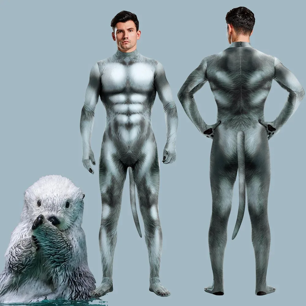 

Костюм для косплея выдры с хвостом, домашние костюмы, пушистый комбинезон с 3D принтом животных, Enhydra Lutris, полный боди на молнии в промежности, зентай