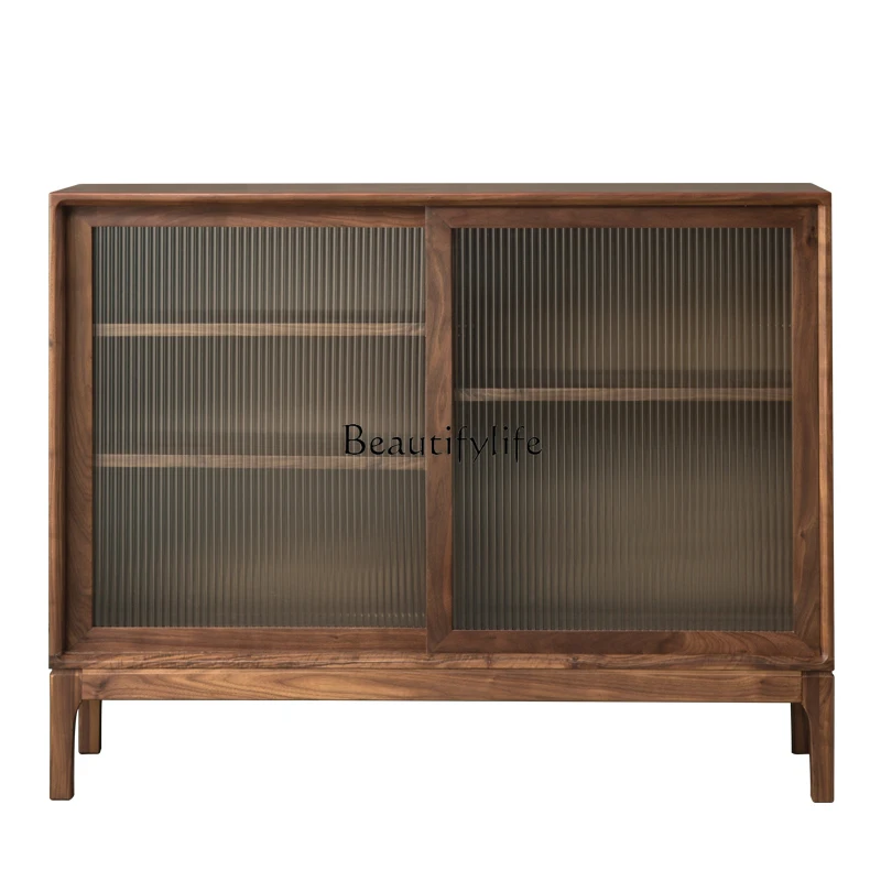 

Nordic black walnut simple solid wood dining side cabinet living room glass storage tea cabinet