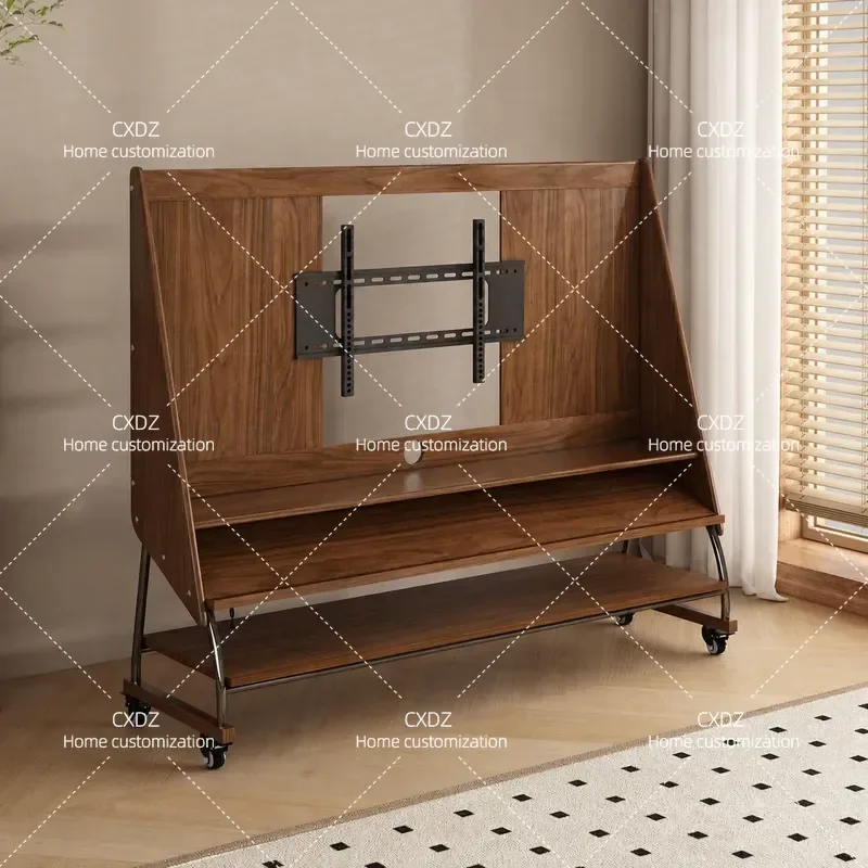 Solid Wood Removable TV Cabinet Antique Floor Storage Unit with Wheels Small Apartment Living Room Mobile TV Stand Bracket