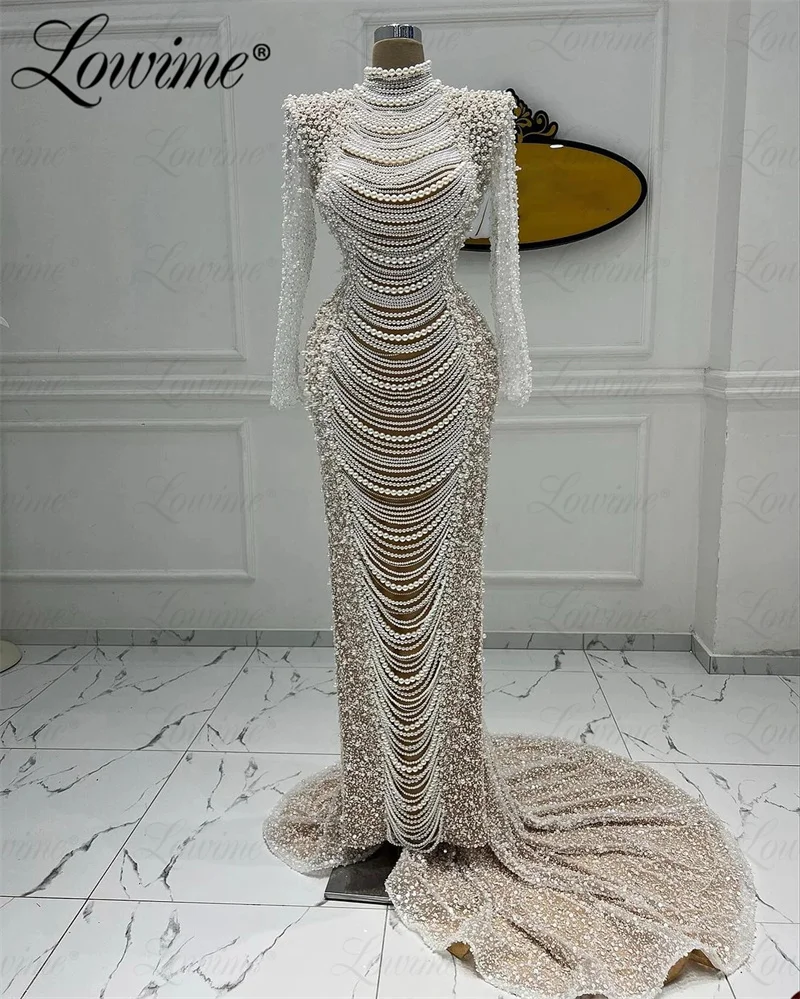 Robe De Mariée Pearl Evening Dress Luxury Arabic Dubai Long Prom Dresses Mermaid High Neck Full Sleeve Party Gowns Customized