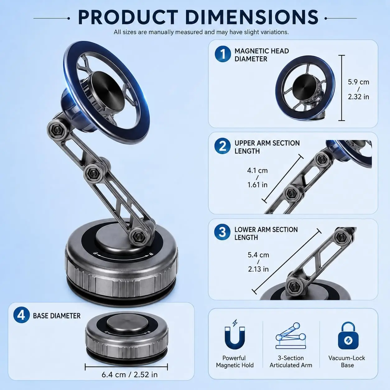 Vakuum- und Magnet-Autotelefonhalterung – 3-Achsen-faltbar 360° ° Armhalterung für Armaturenbrett GPS/Navigation, Universeller Smartphone-Halter – Detail 6