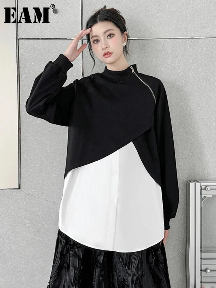 

[EAM] Black Zipper Color-block Sweatshirt New Turtleneck Long Sleeve Women Big Size Fashion Tide Spring Autumn 20231DH5162