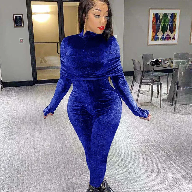 

Solid Velvet Basic Bodycon Jumpsuit for Women Winter Clothing Casual Ruched Back Zip Long Sleeve Rompers Nightclub Party Overall