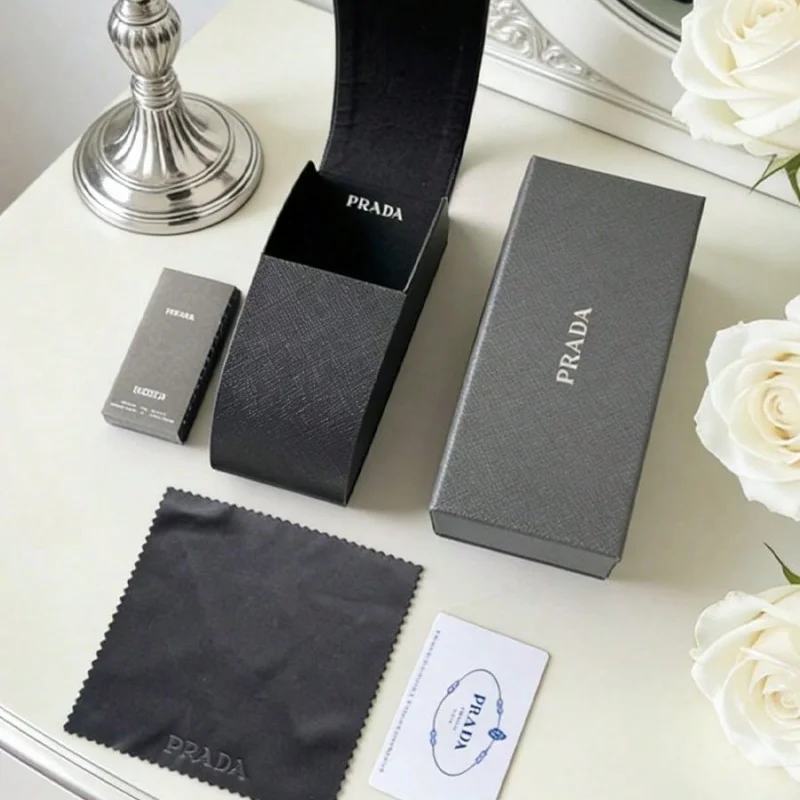 Prada Bag Luxury Black Cross Grain Hard Shell Eyeglasses Case Matching Sunglasses Pouch Complete Eyewear Storage Kit Wit