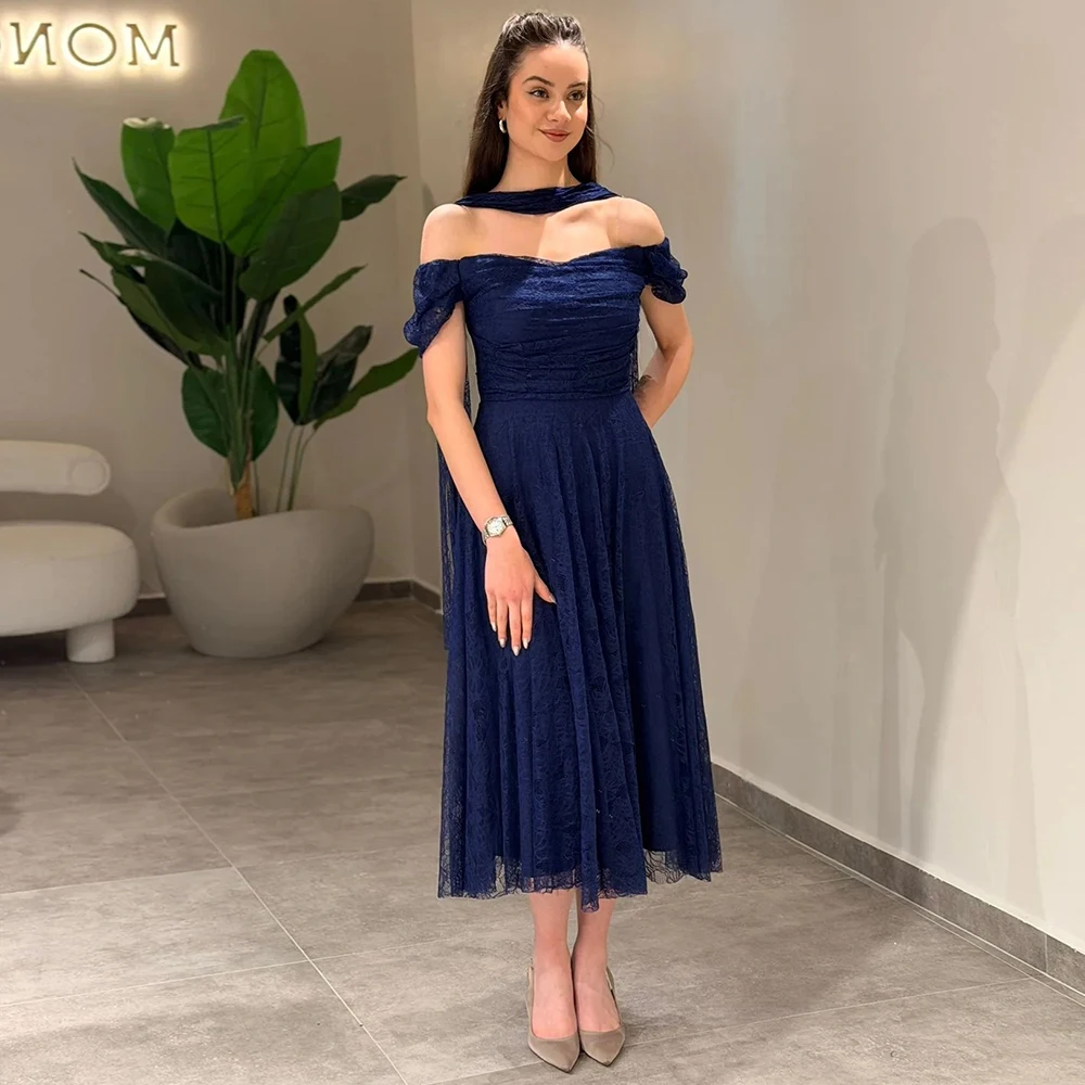 

Elegant Navy Blue Off-the-Shoulder Lace Midi Evening Dress with Ribbons Customized Strapless Tea Length Wedding Party Prom Gowns