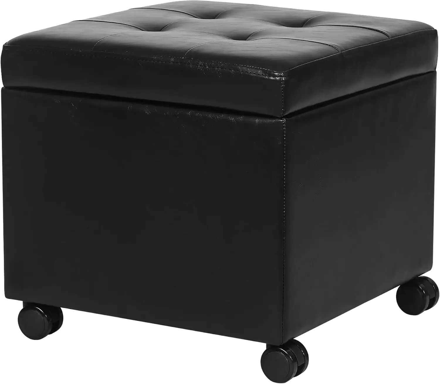 Black Tufted Faux Leather Storage Ottoman Square Cube Foot Rest Stool with Steerable Rolling Wheels