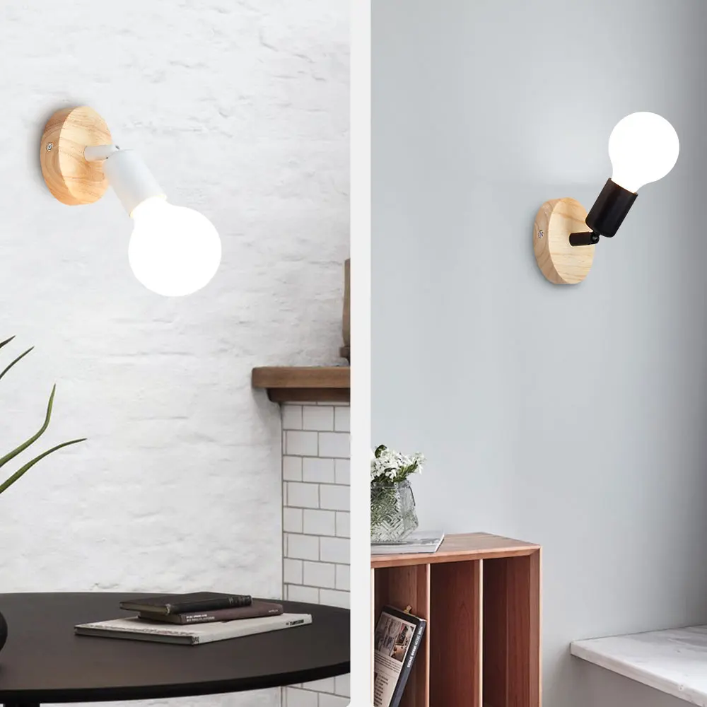 Luci a LED a parete da comodino con base in legno E27 Illuminazione per interni retrò Lampada da parete per camera da letto Decorazione domestica