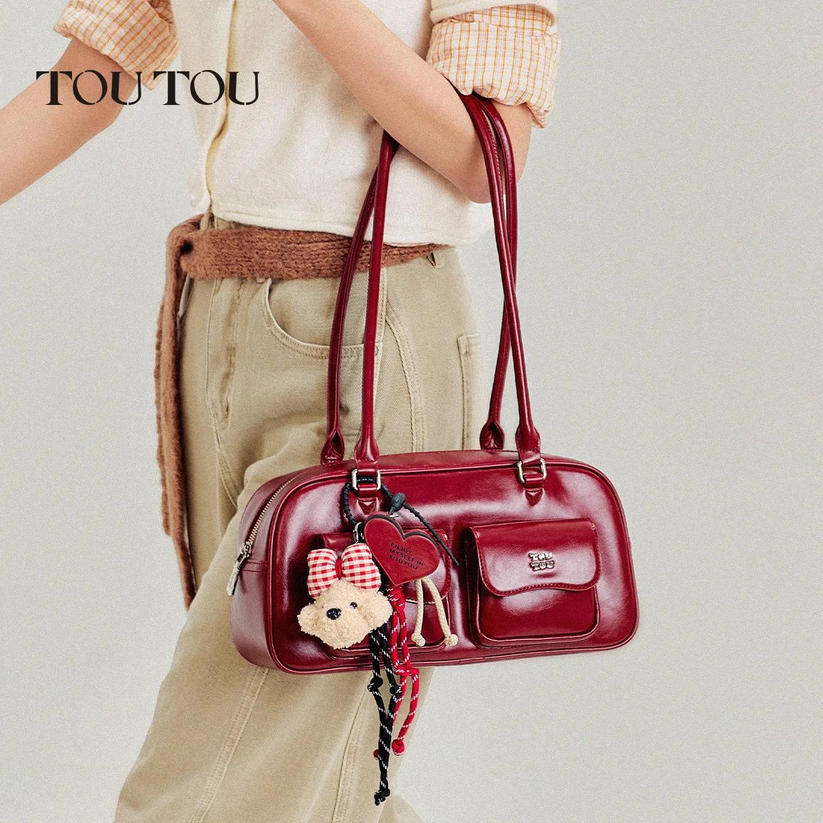 Toutou حقيبة البولينج الحمراء ذات الجيب المزدوج y2k هدية عيد الميلاد والعام الجديد حقيبة نسائية ذات سعة كبيرة حقيبة كتف هدية لصديق