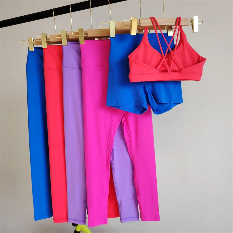 

Solid Color Yoga Suit 3 Piece Gym Women's Running Exercise Dance Sportswear Hot Girl Fitness Set Cross Beauty High Waist Pants