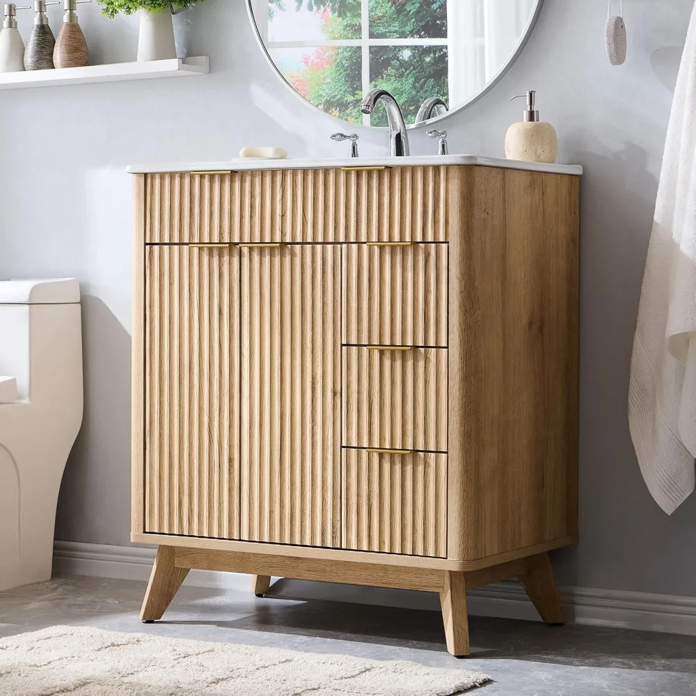 

30" Fluted Bathroom Vanity with Ceramic Sink Combo，Freestanding Modern Bathroom Storage Vanity Cabinet