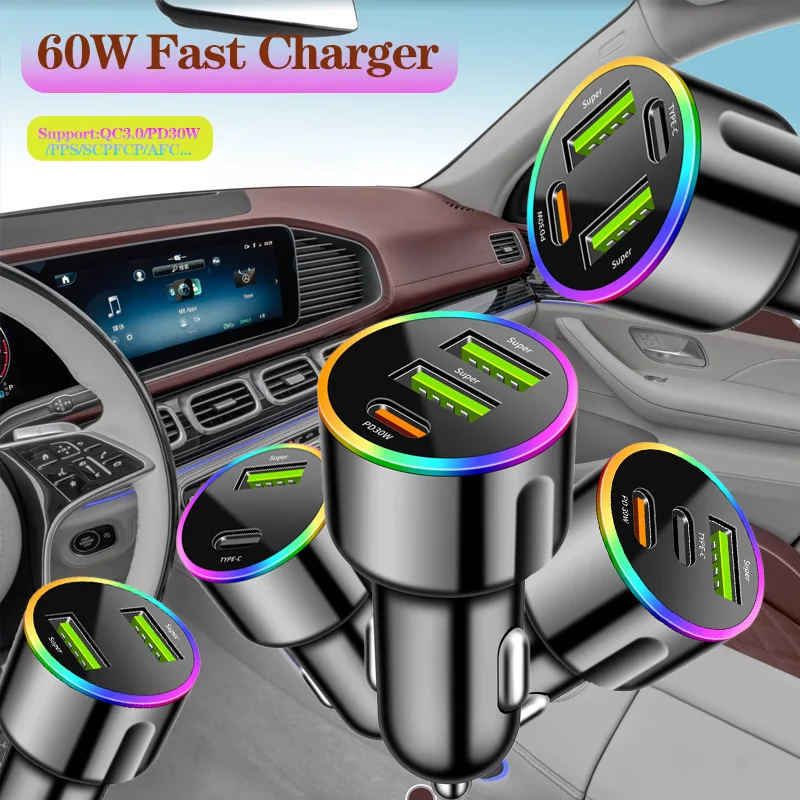 Color ambient lighting 2/3/4Port 30W/60W car charger PD30W car phone charger for phones fast charging cigarette lighter adapter