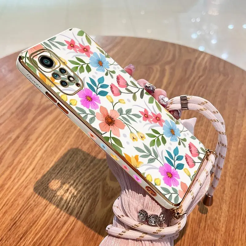 Etui na telefon Color Flower Lanyard Plating dla Xiaomi Redmi Note 11 Pro Plus 12Pro Plus 11 11S 10 Pro 12 9S 8 Pro Cover