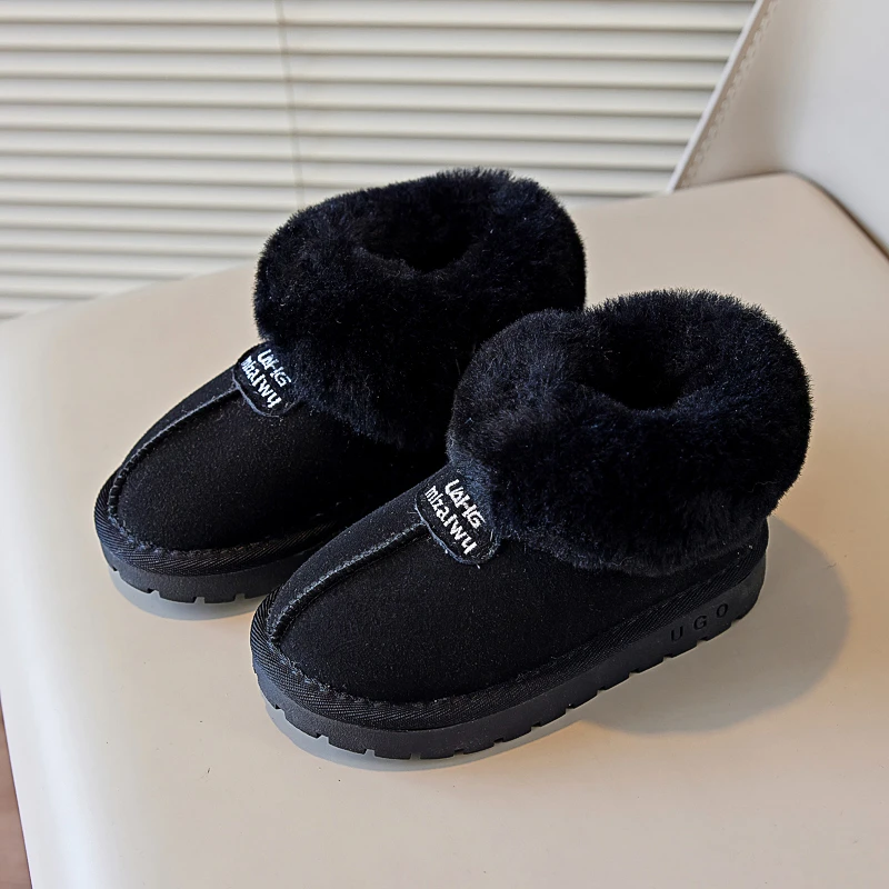 Pantoufles en fourrure de marque de luxe pour enfants, botte rétro à tête ronde, coton, bébé fille, garçon, hiver, peluche, chaussures chaudes pour la maison, non ald