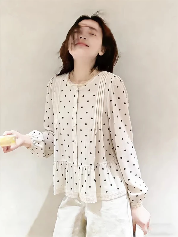 

Korean Design Polka Dot Loose Long Sleeve round Neck Women's Shirt Spring 2026 Slimming Versatile Top Fashion Ladies Premium