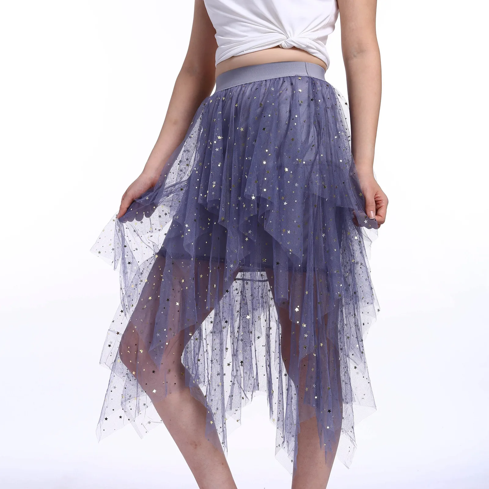 Women's Elastic High Waist Star Moon Sequins Mesh Tulle Skirt Formal High Low Asymmetrical Midi Long A-Line Tutu Skirts