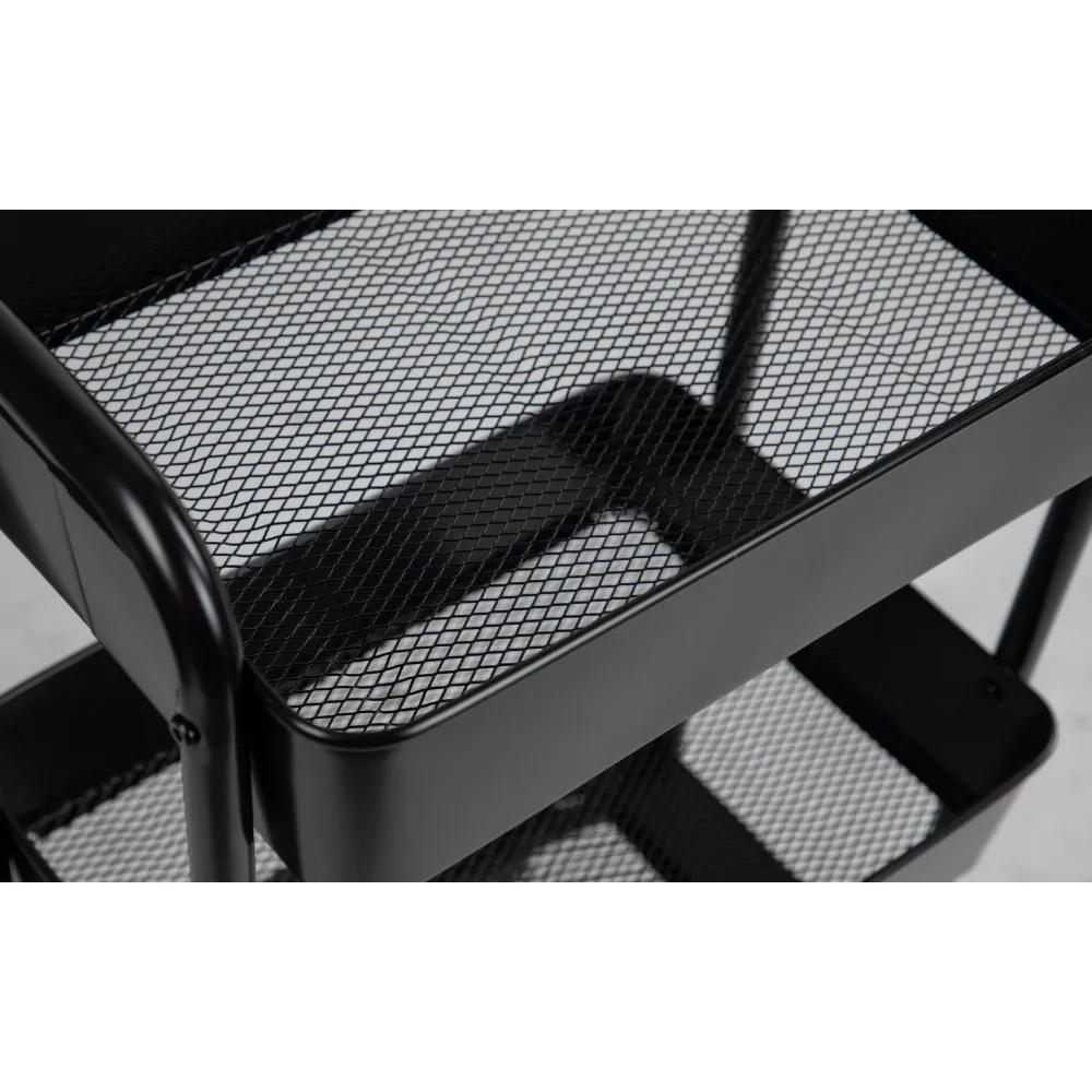 عربة أدوات معدنية مكونة من 3 طبقات، باللون الأسود الغني، سهلة الدوران