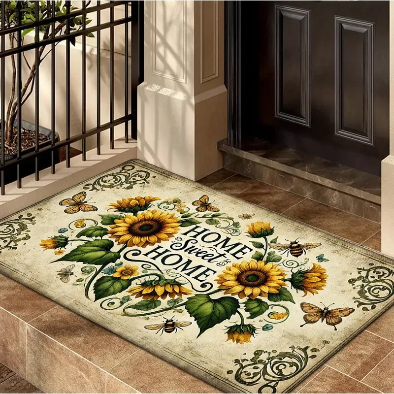 VIKAMA Vintage Sunflower Home Sweet Home Print Doormat, Non-Slip Floor Mat for Entryway Farmhouse Home Decoration