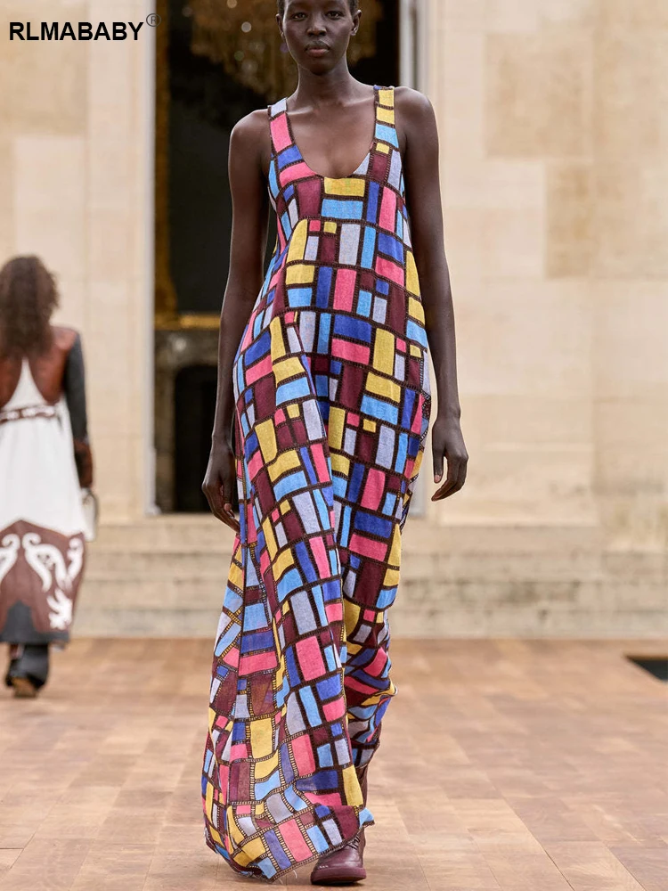 RLMABABY موضة ملونة منقوشة طباعة فستان طويل فضفاض المرأة منخفضة الرقبة بلا أكمام عارية الذراعين الشارع الشهير فستان ماكسي بوهيمي غير رسمي
