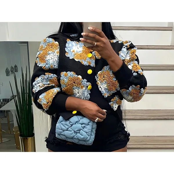 Flower Print Jacket Woman 2025 Winter Spring Autumn New Sports Style Casual Overcoat Loose Bomber Jacket Women Colorblock Coat