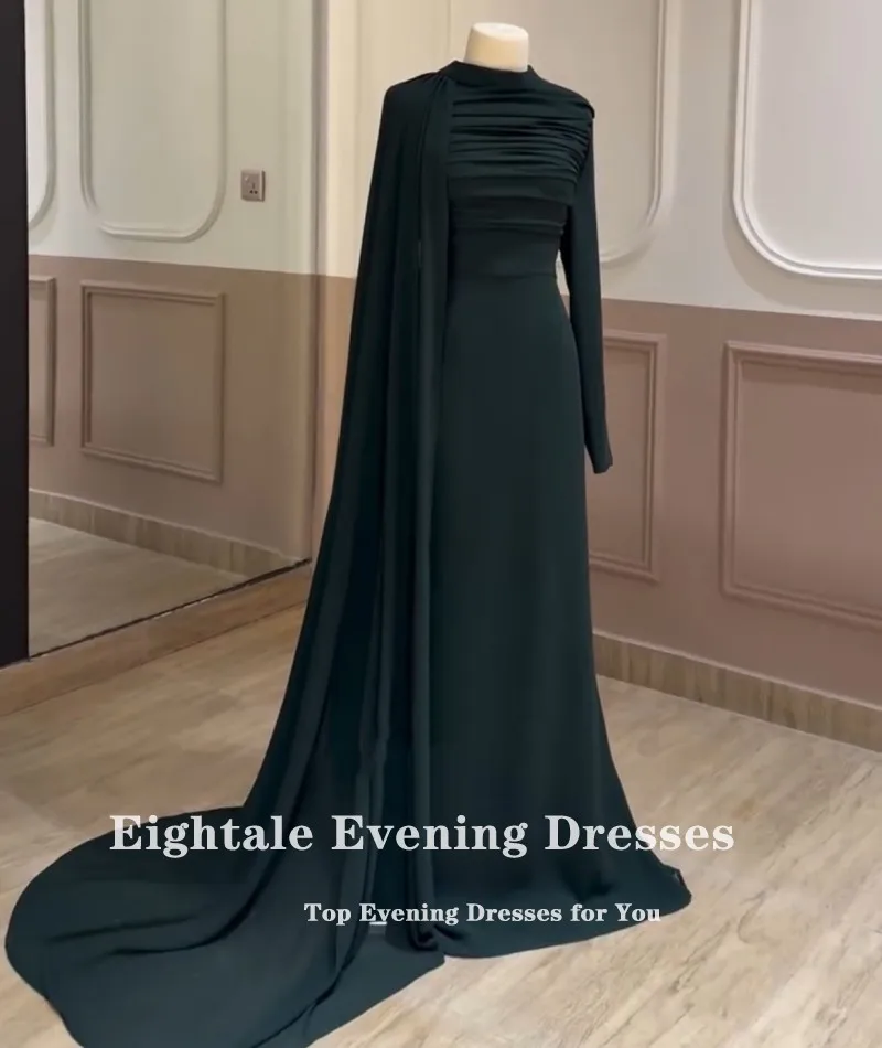 Eightale アラビア語イブニングドレス ハイネック プロムドレス カスタマイズされた長袖 キャップ ダークグリーン マーメイド ウェディング パーティードレス