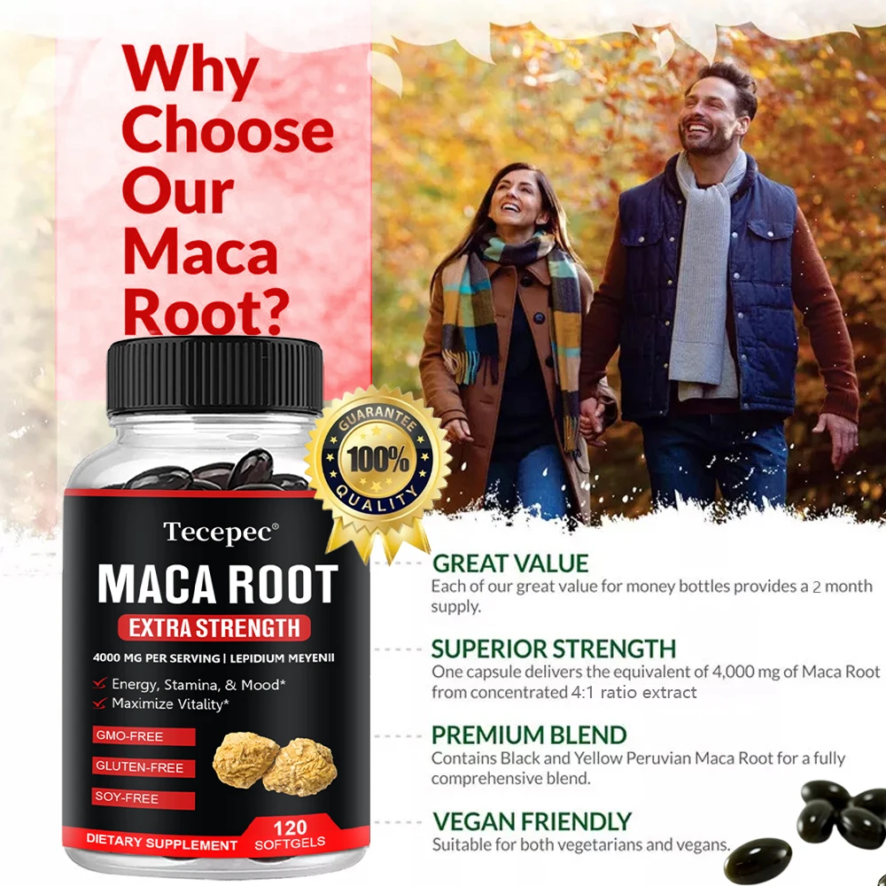 Maca Root Capsules - For Bone Health, Energy, Endurance, Mood Improvement, Non-GMO and Gluten-Free, Suitable for Men and Women