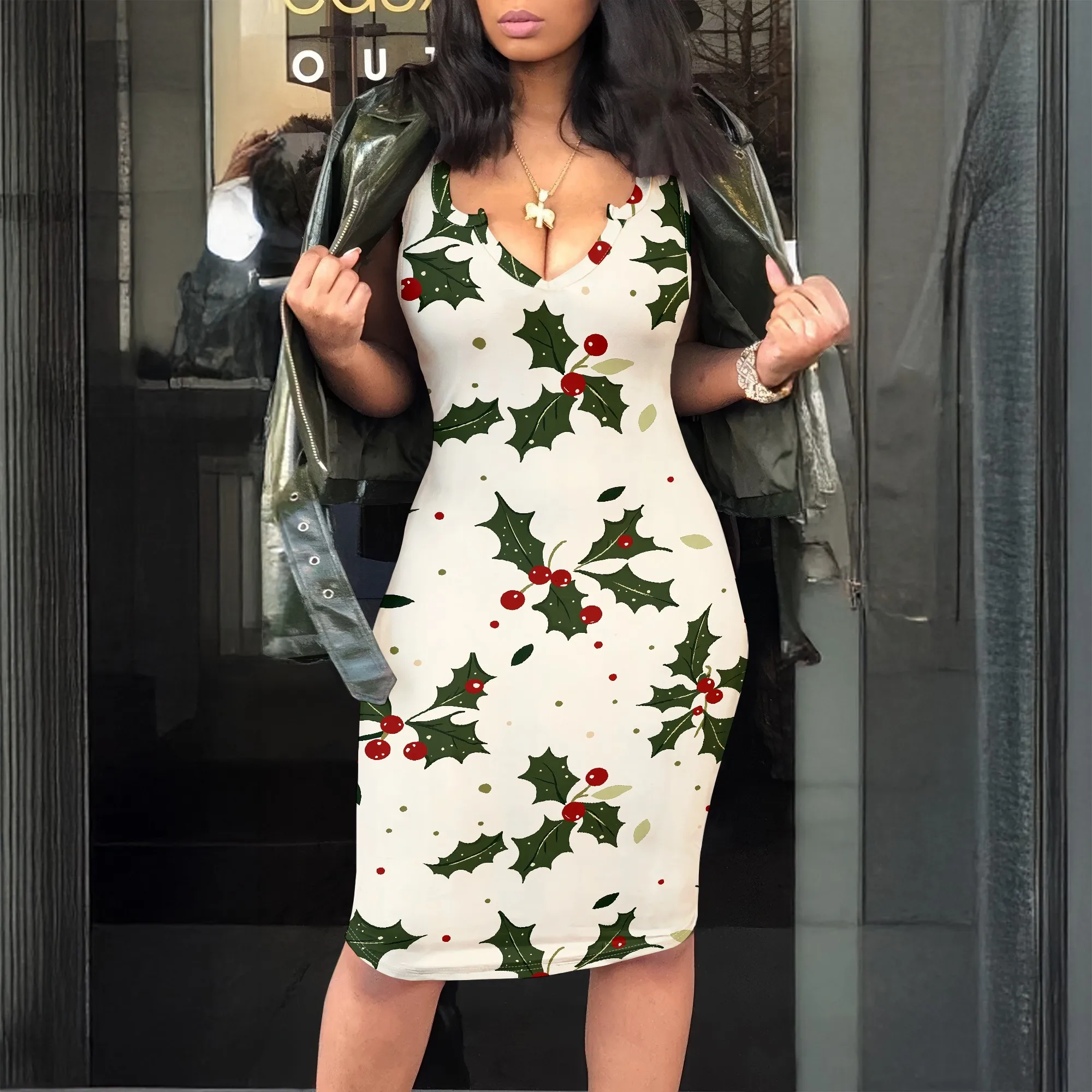 

Holly Print, Sleeveless V-Neck Dress, Christmas Pattern, Bodycon Fit, Holiday Party Wear, S-2XL